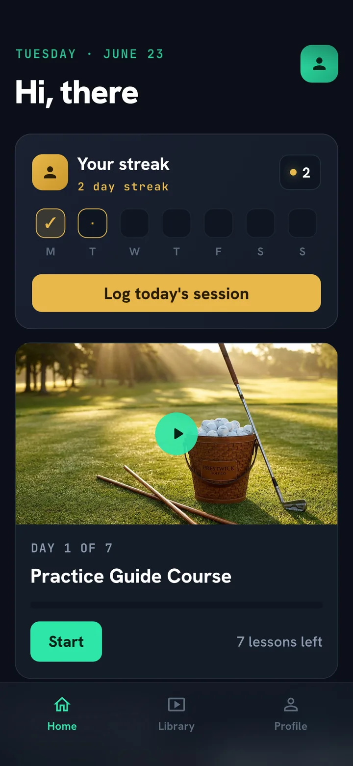 Swing School app, your daily practice dashboard
