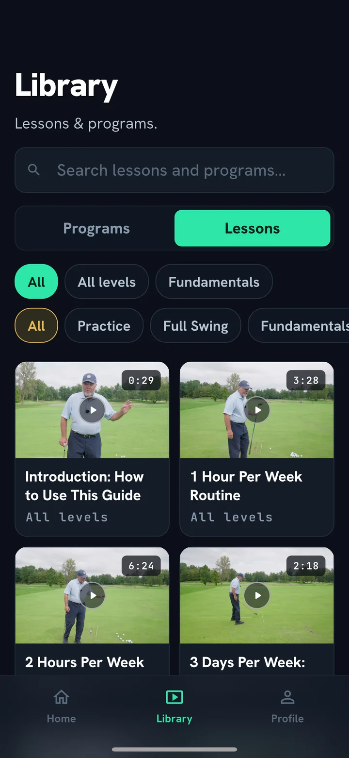 Swing School app, the lesson library