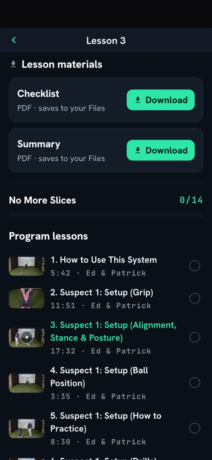 The No More Slices program lessons and downloadable checklist in the Swing School app