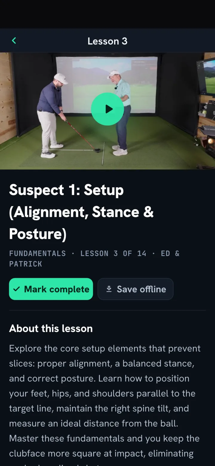 A No More Slices lesson playing in the Swing School app