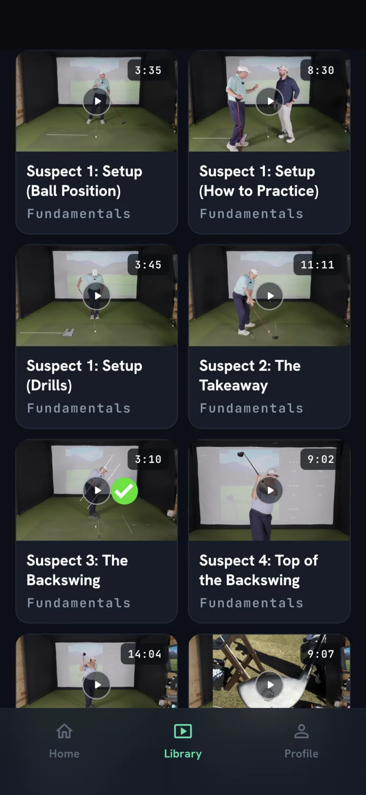 The lessons inside a Swing School program, with progress marked as you complete them