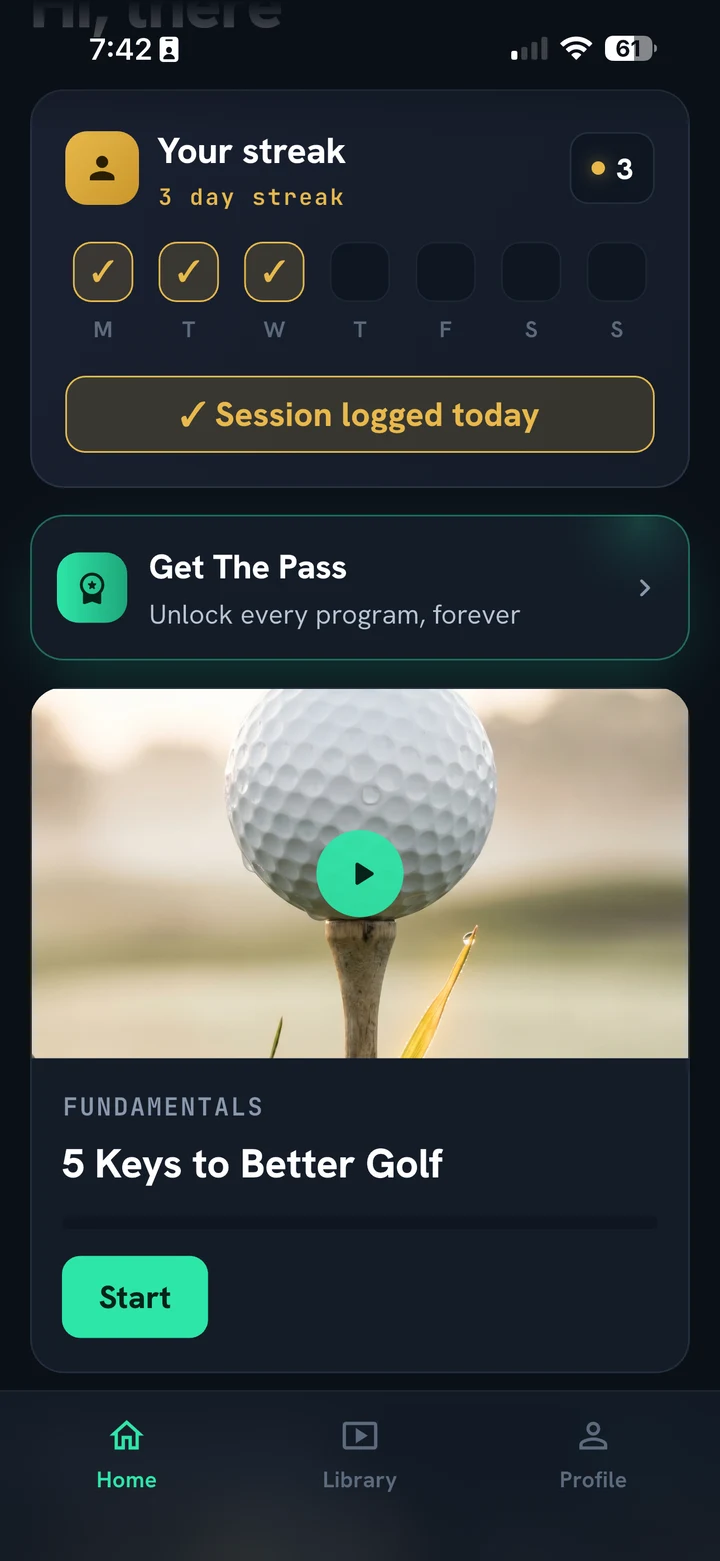 The 5 Keys to Better Golf program on the Swing School app home screen
