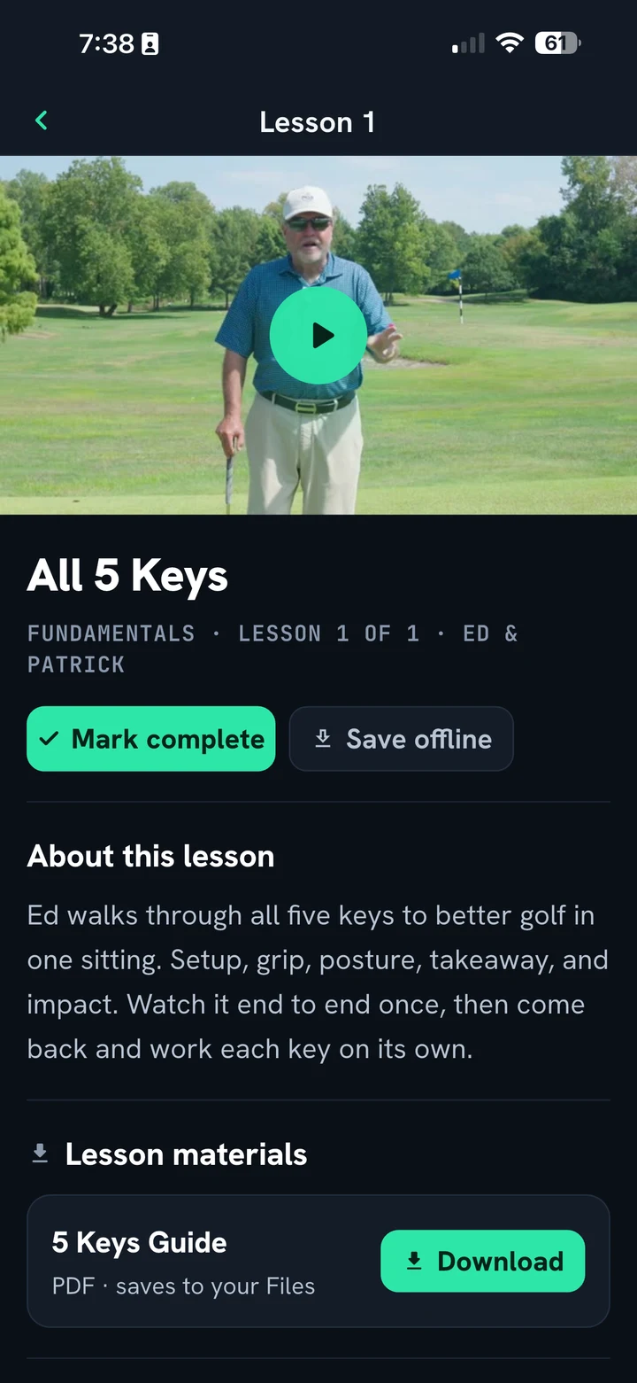 Coach Ed's video walkthrough of all 5 keys, with a downloadable guide, in the Swing School app