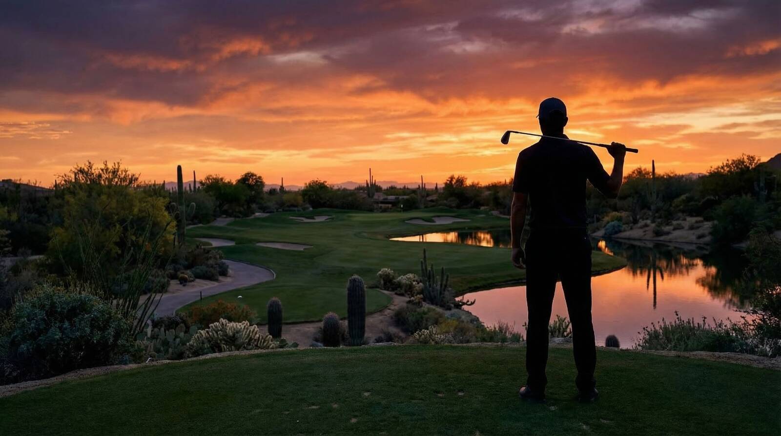 Golfer silhouetted against a Las Vegas sunset